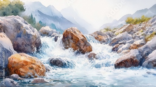 Obraz na płótnie A clear mountain stream flows over rocks with distant misty peaks in a serene, natural landscape. w salonie