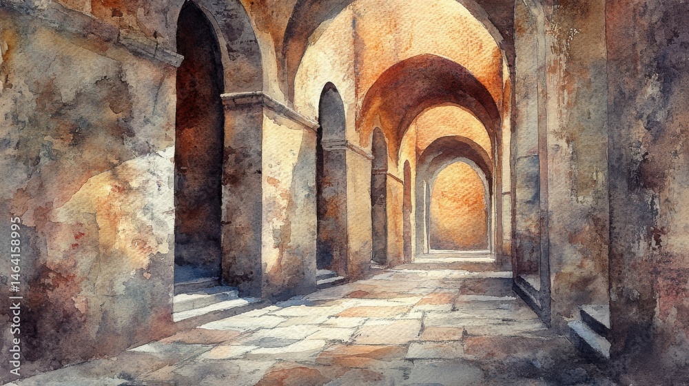 Sunlight streams through ancient stone arches in a serene, rustic corridor, casting dramatic shadows on the tiled floor.