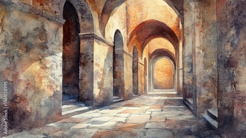 Obraz na płótnie Sunlight streams through ancient stone arches in a serene, rustic corridor, casting dramatic shadows on the tiled floor. w salonie