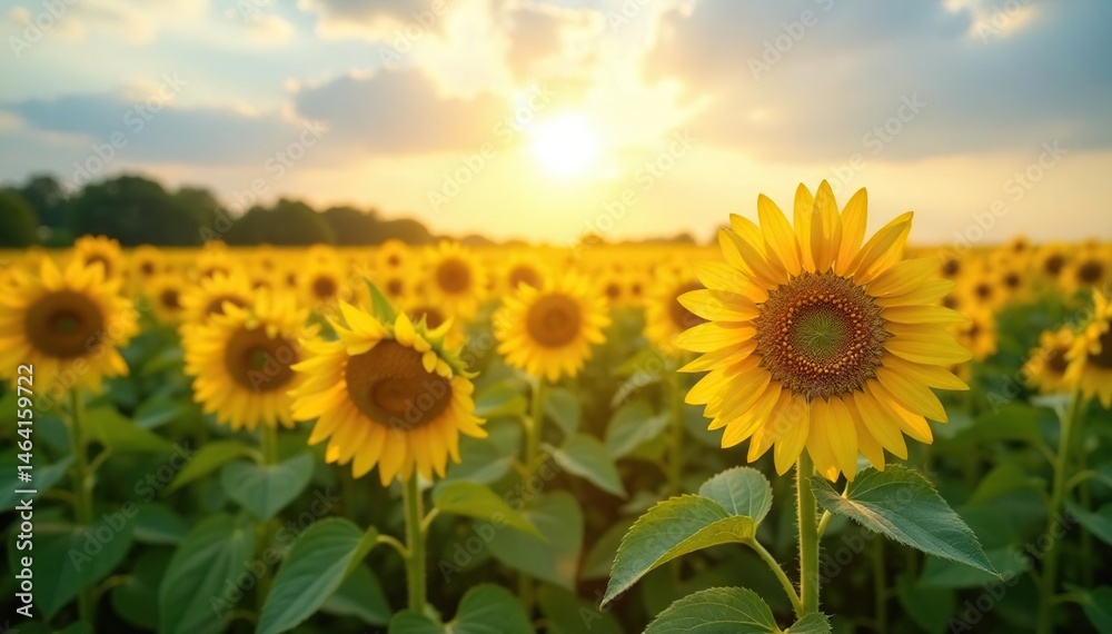 Fototapeta premium Golden sunflowers in a vast field, summer sun , rural, golden, botanical