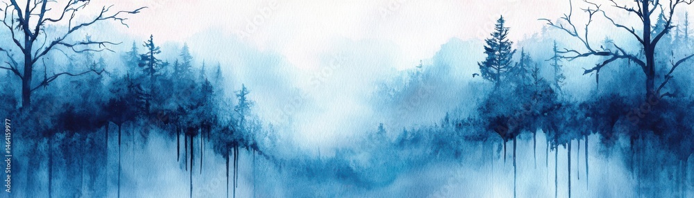 Watercolor painting of a misty blue forest with bare trees and foggy atmosphere, creating a serene and dreamy landscape scene.