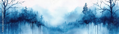 Obraz na płótnie Watercolor painting of a misty blue forest with bare trees and foggy atmosphere, creating a serene and dreamy landscape scene. w salonie