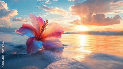 Stunning hibiscus flower on a tropical beach at sunset