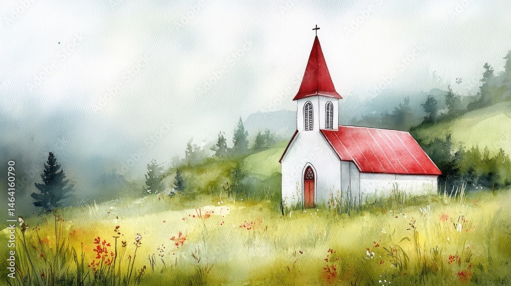 A small church with a red roof sits in a misty meadow surrounded by wildflowers and distant trees.