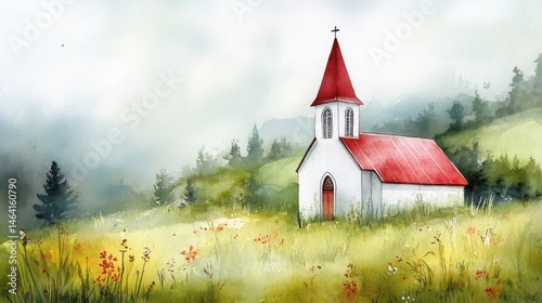 Obraz na płótnie A small church with a red roof sits in a misty meadow surrounded by wildflowers and distant trees. w salonie