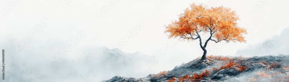 A single orange tree stands on a misty hillside, surrounded by fog and distant mountains in a serene, minimalist landscape.