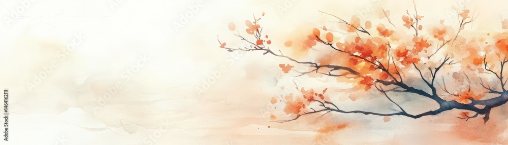 Delicate watercolor painting of an autumn tree branch with orange leaves against a soft, light background.