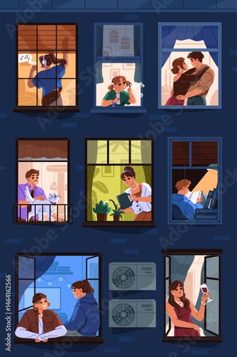 Facade of brick house with neighbors inside windows. Neighbours are at home at night. People, couple, kids talk, reading, have fun indoors. Neighborhood community concept. Flat vector illustration