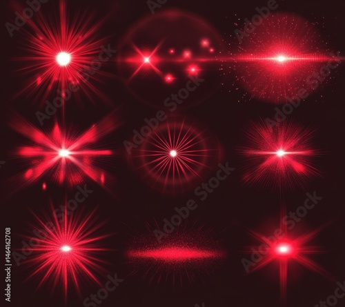 Abstract red glowing light effect set with lens flare and star vector illustration design element for creative background, glow, and bokeh decoration.
