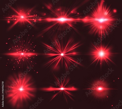  Glowing red light effect set with lens flare and star vector illustration design element.