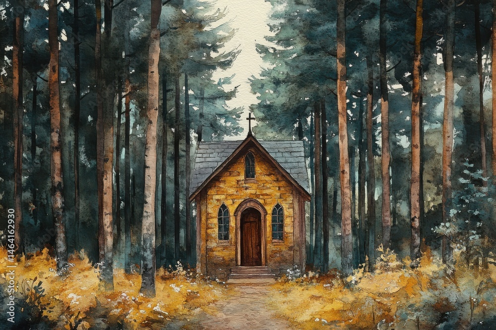 A small, rustic church stands in a dense forest, surrounded by tall trees and golden foliage, creating a peaceful, secluded atmosphere.