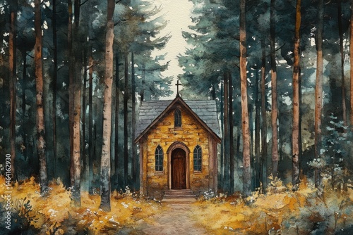Obraz na płótnie A small, rustic church stands in a dense forest, surrounded by tall trees and golden foliage, creating a peaceful, secluded atmosphere. w salonie