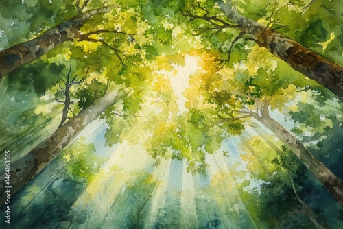 Sunlight filters through tall green trees in a vibrant forest, creating a peaceful, natural canopy view from below.