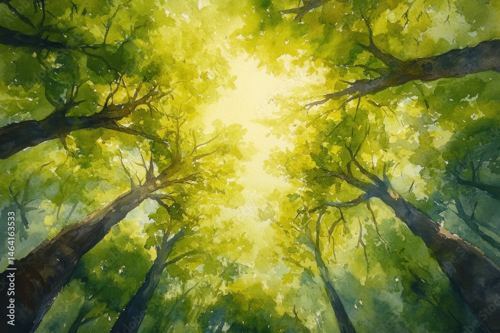 Sunlight filters through tall green trees, creating a vibrant canopy and serene forest atmosphere viewed from below.