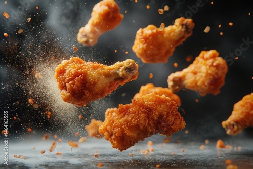 Food photography concept: airborne chicken pieces, dynamic motion, golden crispy