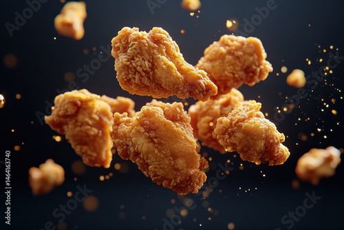 Food photography concept: airborne chicken pieces, dynamic motion, golden crispy
