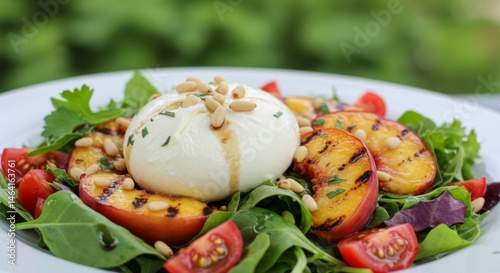 Grilled Peach and Burrata Salad with Pine Nuts