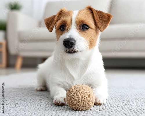 A small, white and tan dog rests on a carpet, gazing intently at the camera, a textured ball beside it