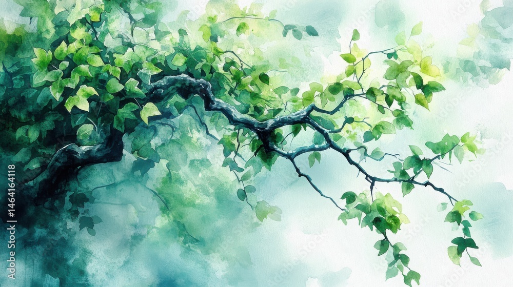 A leafy tree branch painted in watercolor style, set against a soft, dreamy, and misty background.