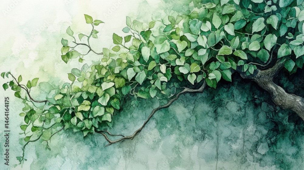 Watercolor painting of a leafy tree branch with green leaves on a textured background.