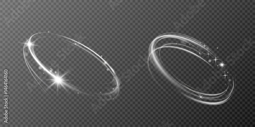 White Round Neon Light Frame with Glow Effect. Shining Elliptical Ring, Fast Light Streaks, Abstract Motion Lines, Glowing Circle Stroke, Futuristic Speed Wave on Transparent Background