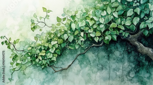 Watercolor painting of a leafy tree branch with green leaves on a textured background.