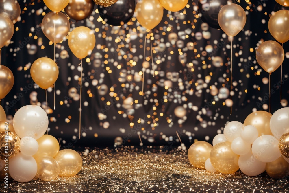Fototapeta premium Sparkling Celebration with White and Gold Balloons and Confetti