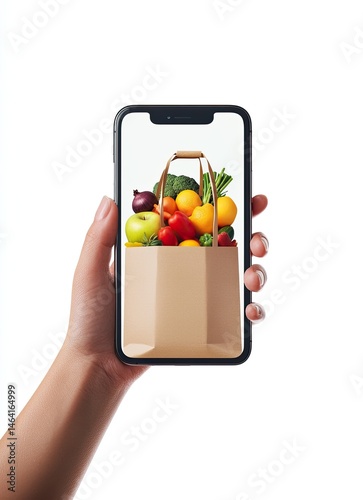 Ordering groceries online.  Hand holds phone displaying a paper bag filled with fresh produce