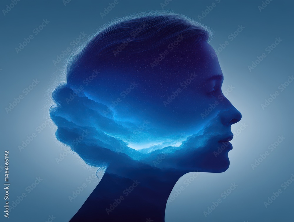Ethereal silhouette of a woman merging with cosmic clouds creating a dreamy vision of imagination and creativity in vivid blue hues enhancing introspective reflection Ethereal silhouette of a woman merging with cosmic clouds creating a dreamy vision of imagination and creativity in vivid blue hues enhancing introspective reflection