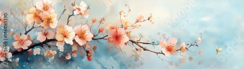 Elegant cherry blossoms on a branch set against a soft, pastel blue watercolor background.