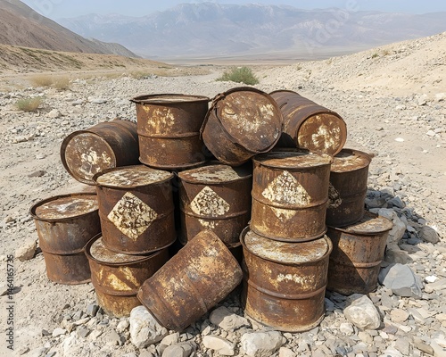 Rusty, hazardous waste barrels in arid landscape