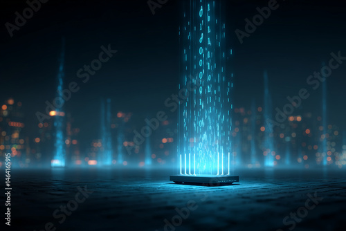 futuristic Wi Fi router emits glowing blue data streams in dark urban setting, symbolizing advanced technology and connectivity