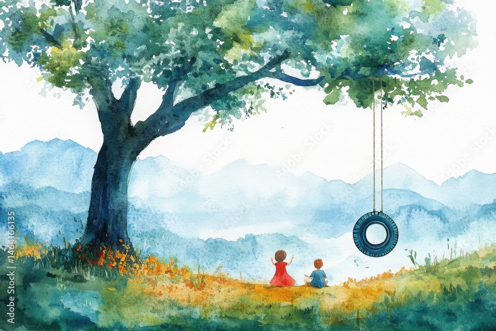 Two children sit under a large tree with a tire swing, looking at distant mountains in a peaceful, watercolor landscape.