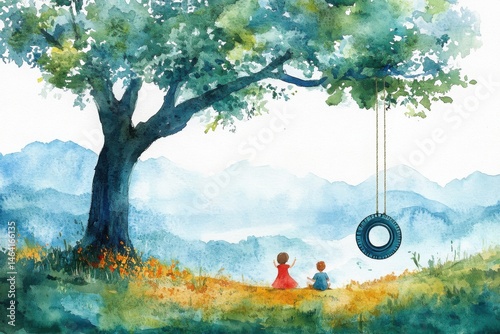 Obraz na płótnie Two children sit under a large tree with a tire swing, looking at distant mountains in a peaceful, watercolor landscape. w salonie