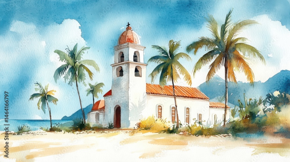 A coastal church with a red dome, surrounded by palm trees, sits under a bright sky near the beach, painted in a vibrant watercolor style.