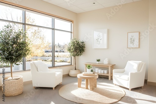 Serene waiting area with ample natural light, featuring two white armchairs, potted plants, and minimalist decor