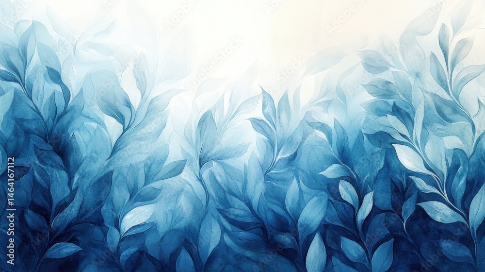 Blue-toned watercolor leaves create a calming, artistic botanical scene fading softly into light, evoking tranquility and nature-inspired elegance.