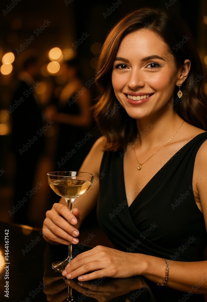 Elegant woman holding a cocktail in a sophisticated bar setting evening social event lifestyle photography intimate atmosphere close-up perspective