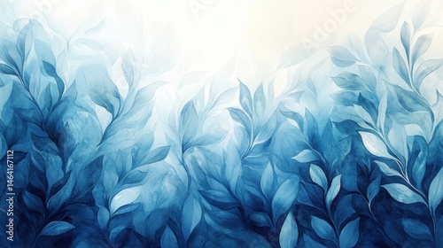 Obraz na płótnie Blue-toned watercolor leaves create a calming, artistic botanical scene fading softly into light, evoking tranquility and nature-inspired elegance. w salonie