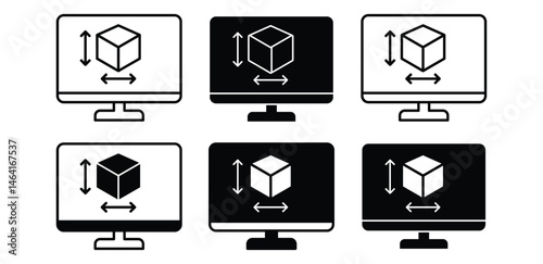 CAD Monitor Icons Showing Isometric Cube Black and White Color Vector Design Illustration