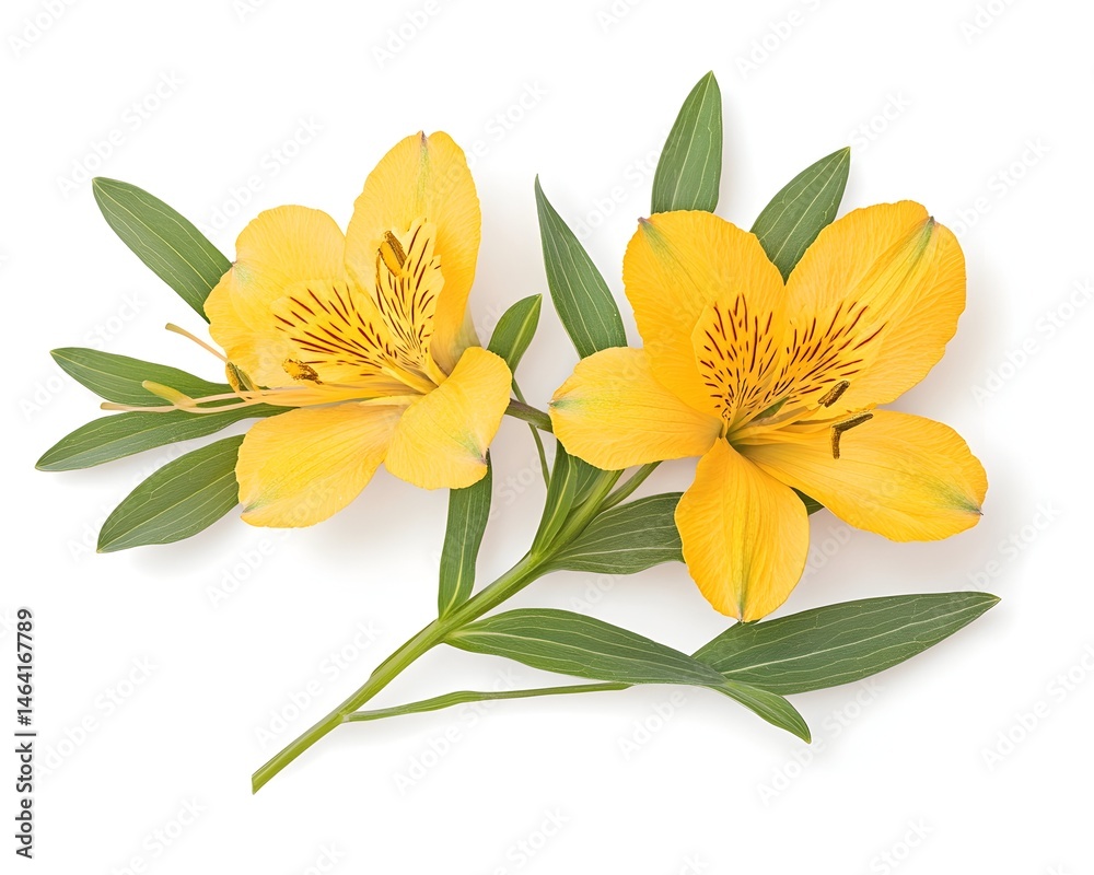 Fototapeta premium Two vibrant yellow lilies with green leaves, isolated on white background