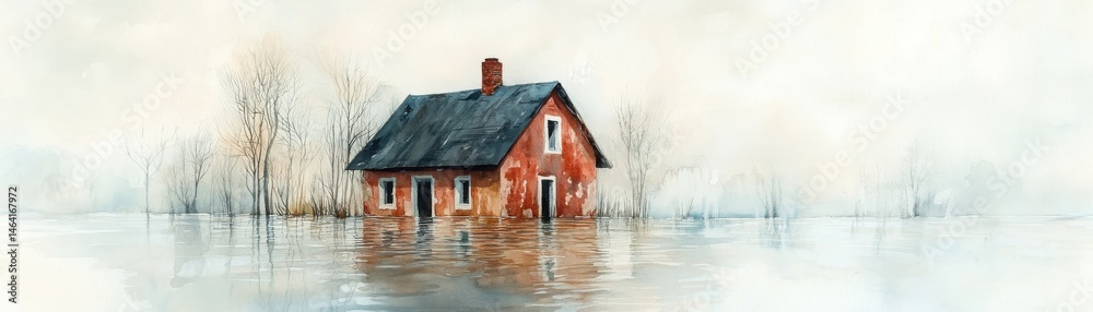 A red house stands surrounded by floodwaters, with bare trees in the background under a cloudy sky.