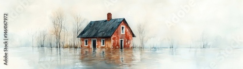 Obraz na płótnie A red house stands surrounded by floodwaters, with bare trees in the background under a cloudy sky. w salonie