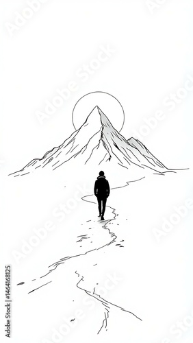 🔹 Journey to the Peak 🔹
A lone figure walks a cracked path toward a towering mountain under the rising sun 🌄 Rendered in black and white lines, this piece speaks to personal growth, solitude, and 