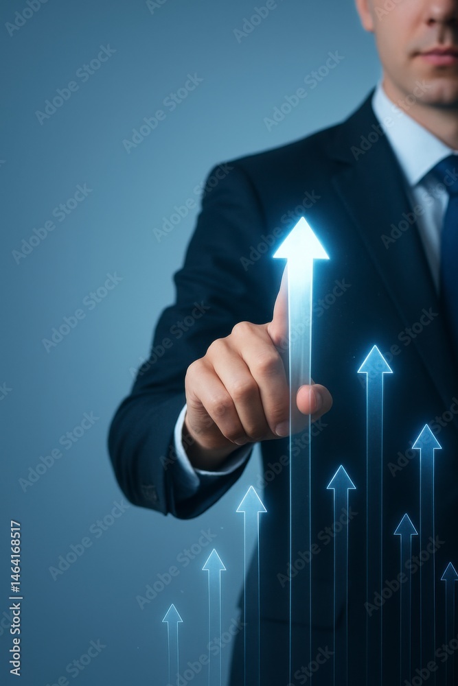 Business growth strategy professional man pointing at upward arrows office setting digital visualization motivational concept