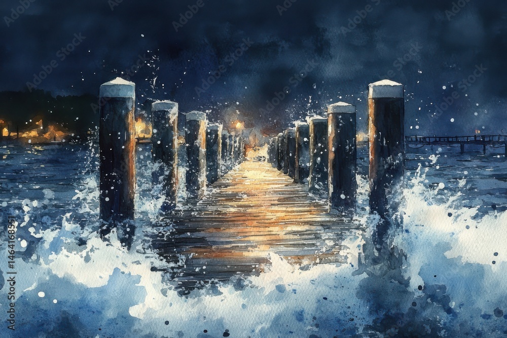A stormy pier illuminated at night, with waves crashing against the wooden posts and distant lights glowing on the shore.