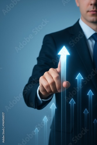 Obraz na płótnie Business growth strategy professional man pointing at upward arrows office setting digital visualization motivational concept w salonie