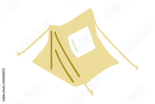 Cartoon Camping Tent with Window. Cartoon camping tent with window and ropes in a flat minimalist style. Beige shelter isolated on a white background, simplified and graphic.