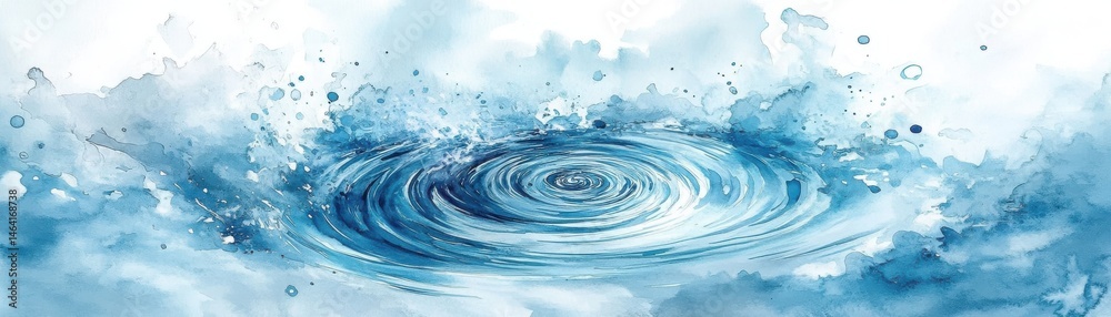 A watercolor ripple spreads across a blue water surface, creating waves and splashes in an abstract style.