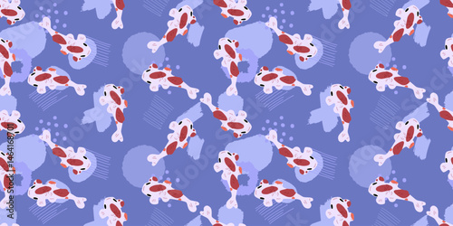 Seamless Koi Fish Pond Pattern. Seamless koi fish pond pattern with white and red koi swimming over a blue textured background. Flat ornamental style with decorative flow.